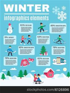 Winter Season Outdoor Infographic Elements Poster. Winter outdoor activities warm clothing and season celebration flat icons infographic elements with text banner vector illustration