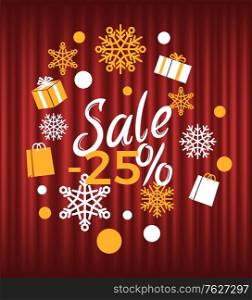 Winter season reduction of price vector, sale 25 percent. Snowflakes and presents packed in boxes tied with ribbons. Promotion and clearance business. Red curtain theater background. Christmas Sale 25 Percent Lowering of Price Winter