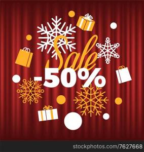 Winter season reduction of price vector, sale 50 percent. Snowflakes and presents packed in boxes tied with ribbons on red curtain. Promotion and clearance business. Red curtain theater background. Christmas Sale 50 Percent Lowering of Price Winter