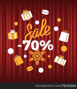 Winter season reduction of price vector, sale 70 percent. Snowflakes and presents packed in boxes tied with ribbons on red curtain. Promotion and clearance business. Red curtain theater background. Christmas Sale 70 Percent Lowering of Price Winter