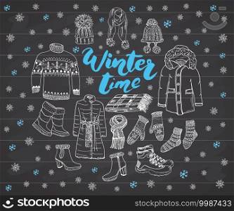 Winter season set doodle elements. Hand drawn sketch colection with boots, clothes, warm blanket, socks, gloves and hats. Lettering winter time. vector illustration on chalkboard. Winter season set doodle elements. Hand drawn sketch colection with boots, clothes, warm blanket, socks, gloves and hats. Lettering winter time. vector illustration on chalkboard.