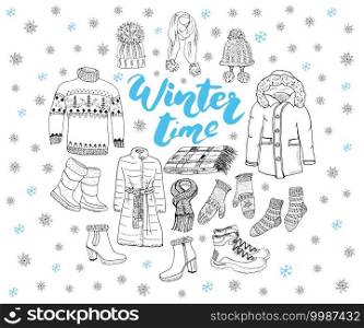 Winter season set doodle elements. Hand drawn sketch collection with boots, clothes, warm blanket, socks, gloves and hats. Lettering winter time. vector illustration. Winter season set doodle elements. Hand drawn sketch collection with boots, clothes, warm blanket, socks, gloves and hats. Lettering winter time. vector illustration.