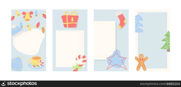 Winter season social media story template set. Advertising web design mockup with abstract shapes. Contemporary post layout with text space and flat illustrations. Trendy greeting card collection. Winter season social media story template set