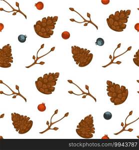 Winter season symbols of Christmas and cold season, seamless pattern of pine cones, and dry branch. Berries and mistletoe. Background for greeting card or textile print. Vector in flat style. Pine cones and berries seamless pattern vector