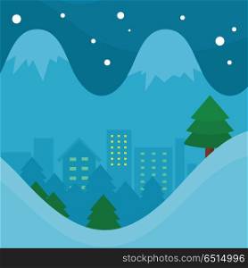 Winter season vector concept. Flat design. Night city surrounded spruce forest, snow-capped mountains. Ski resort. Christmas and New Year celebrating. For seasonal ad design, weather illustrating . Winter Season Vector Concept in Flat Design. Winter Season Vector Concept in Flat Design