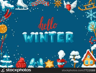 Winter seasonal frame. Outdoor leisure and cute fun things. Merry Christmas holiday and vacation time.. Winter seasonal frame. Outdoor leisure and cute fun things. Merry Christmas holiday and vacation.