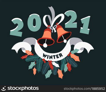 Winter seasonal holidays celebration, christmas and new year. Wreath of ribbons, mistletoe and bells with stripes. Decorative banner for 2021, foliage and lettering, vector in flat style illustration. Christmas and new year of 2021, decorative banner with bells