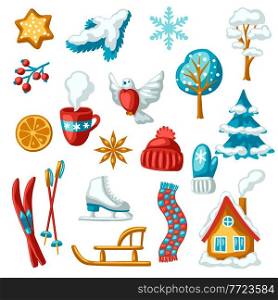 Winter seasonal set of items. Outdoor leisure and cute fun things. Merry Christmas holiday and vacation time.. Winter seasonal set of items. Outdoor leisure and cute fun things. Merry Christmas holiday and vacation.