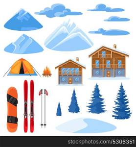 Winter set for design. Alpine chalet houses, snowboard, ski, snowy mountains and fir trees. Winter set for design. Alpine chalet houses, snowboard, ski, snowy mountains and fir trees.