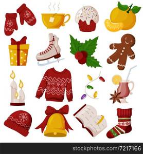 Winter set. New Year and Christmas vector elements. Everything that is associated with the winter season.