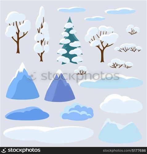 Winter set of trees, mountains and hills. Seasonal collection. Winter set of trees, mountains and hills. Seasonal collection.