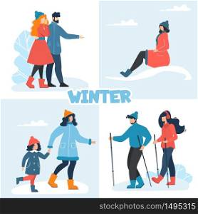 Winter Set with Happy People Having Fun Outdoors. Man and Woman Couple, Cheerful Teenager Girl, Mother and Daughter, Married Family Pair. Hiking, Walking and Satisfaction. Vector Cartoon Illustration. Winter Set with Happy People Having Fun Outdoors
