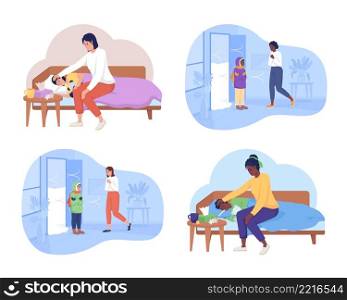 Winter sickness 2D vector isolated illustration set. Take care of child. Worried mother and ill child flat characters on cartoon background. Freezing from cold weather colourful scene collection. Winter sickness 2D vector isolated illustration set