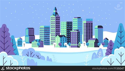 Winter simple landscape. Snowy city panorama with cute buildings, falling snow and fir trees New year and xmas banner vector cold abstract streets illustration. Winter simple landscape. Snowy city panorama with cute buildings, falling snow and fir trees New year and xmas banner vector illustration