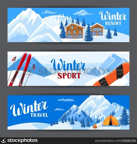 Winter ski resort banners. Beautiful landscape with alpine chalet houses, snowboard, snowy mountains and fir forest. Winter ski resort banners. Beautiful landscape with alpine chalet houses, snowboard, snowy mountains and fir forest.