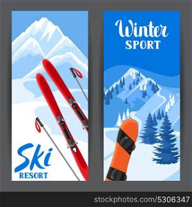 Winter ski resort banners. Beautiful landscape with alpine chalet houses, snowboard, snowy mountains and fir forest. Winter ski resort banners. Beautiful landscape with alpine chalet houses, snowboard, snowy mountains and fir forest.