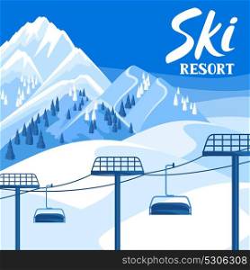Winter ski resort illustration. Beautiful landscape with rope way, snowy mountains and fir forest. Winter ski resort illustration. Beautiful landscape with rope way, snowy mountains and fir forest.
