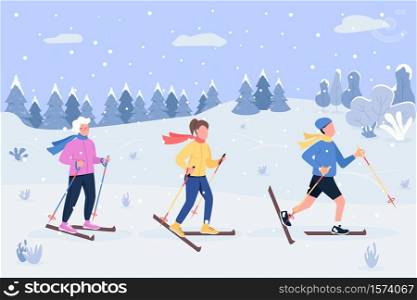 Winter skiing semi flat vector illustration. Grandma spend quality time with children. Kids play in snowfall meadow. Grandparent and grandchildren 2D cartoon characters for commercial use. Winter skiing semi flat vector illustration