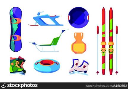 Winter sledding objects. Snowmobiles skis snowboards sleds sport transport for outdoor riding activities garish vector pictures in flat style. Illustration of winter sled and snowmobiling. Winter sledding objects. Snowmobiles skis snowboards sleds sport transport for outdoor riding activities garish vector pictures in flat style