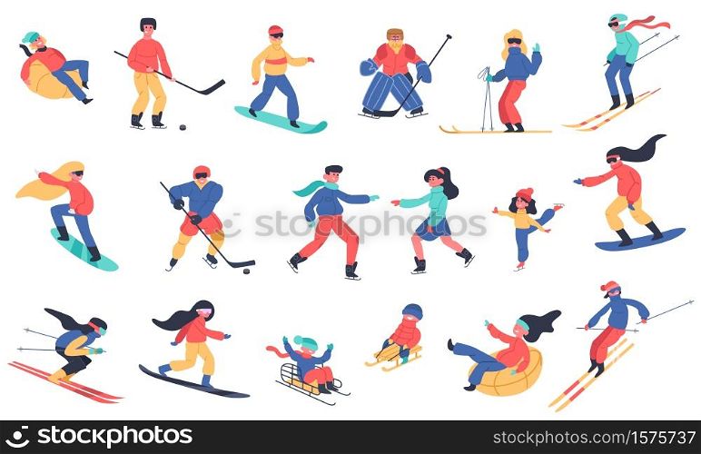 Winter snow activities. Skiing, snowboarding, hockey and ice skates, family holiday winter activities isolated vector illustration icons set. Ice hockey and board, snow extreme sport. Winter snow activities. Skiing, snowboarding, hockey and ice skates, family holiday winter activities isolated vector illustration icons set