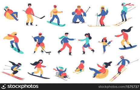 Winter snow activities. Skiing, snowboarding, hockey and ice skates, family holiday winter activities isolated vector illustration icons set. Ice hockey and board, snow extreme sport. Winter snow activities. Skiing, snowboarding, hockey and ice skates, family holiday winter activities isolated vector illustration icons set