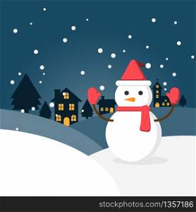 Winter snow and snowman in urban countryside with city village. Happy new year and merry christmas.