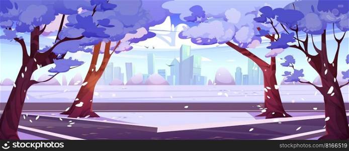 Winter snow city park landscape background. Cartoon vector skyline scene with road. Wintertime cityscape urban illustration with white trees and walking paths Modern architecture perspective view. Winter city landscape, Nobody in town park scene