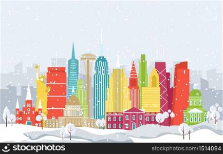 Winter Snow in America City Cityscape Skyline Landmark Building Illustration