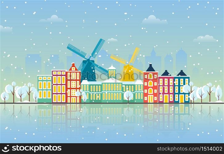 Winter Snow in Amsterdam City Cityscape Skyline Landmark Building Illustration