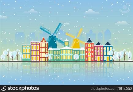 Winter Snow in Amsterdam City Cityscape Skyline Landmark Building Illustration