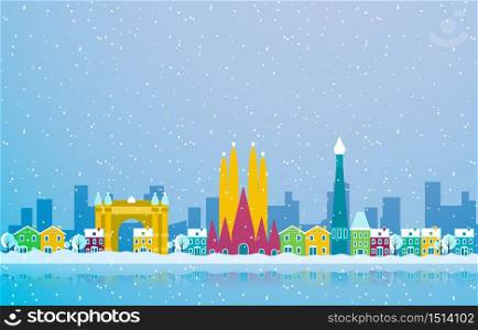 Winter Snow in Barcelona City Cityscape Skyline Landmark Building Illustration