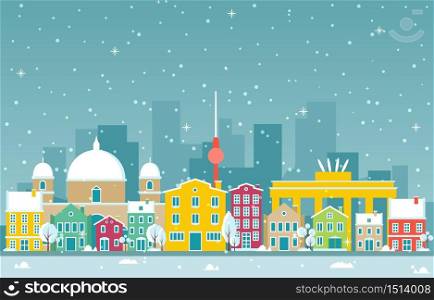 Winter Snow in Berlin City Cityscape Skyline Landmark Building Illustration
