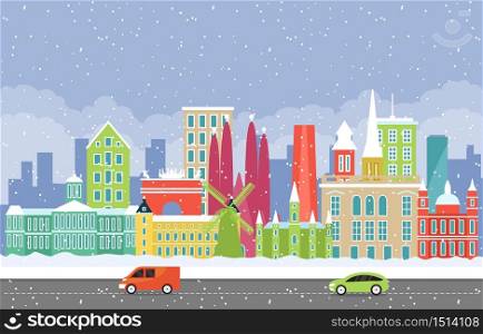 Winter Snow in Europe City Cityscape Skyline Landmark Building Illustration