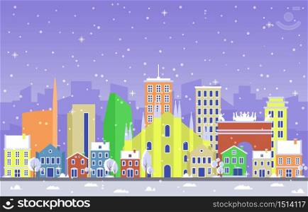 Winter Snow in Milan City Cityscape Skyline Landmark Building Illustration