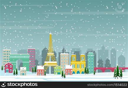 Winter Snow in Paris City Cityscape Skyline Landmark Building Illustration