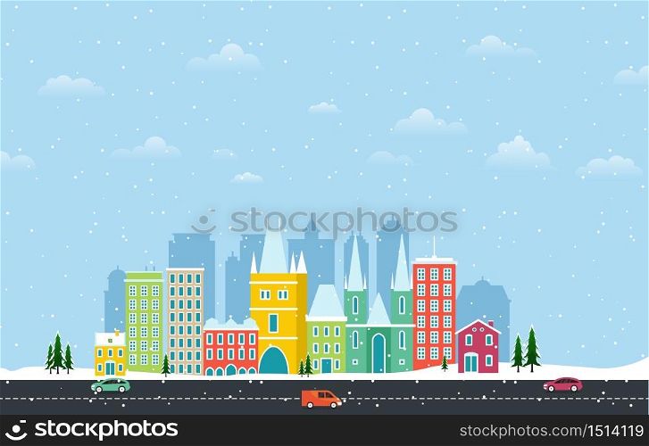 Winter Snow in Prague City Cityscape Skyline Landmark Building Illustration