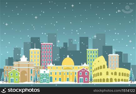 Winter Snow in Rome City Cityscape Skyline Landmark Building Illustration