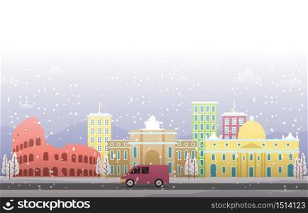 Winter Snow in Rome City Cityscape Skyline Landmark Building Illustration