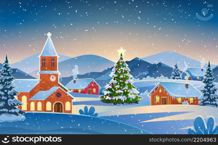 Winter snow landscape and houses with christmas tree. concept for greeting or postal card. Winter snow landscape and houses with snowflakes falling from sky. vector illustration.. Winter snow landscape and houses