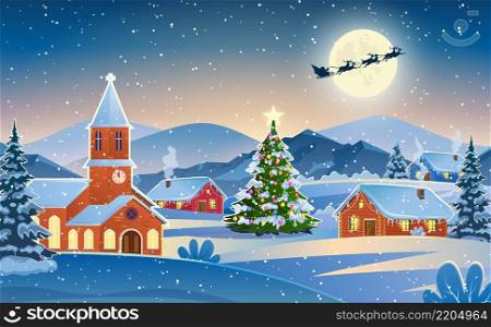 Winter snow landscape and houses with christmas tree. concept for greeting or postal card. background with moon and the silhouette of Santa Claus flying on a sleigh. vector illustration.. Winter snow landscape and houses