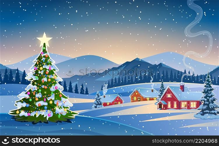 Winter snow landscape and houses with christmas tree. concept for greeting or postal card. Winter snow landscape and houses with snowflakes falling from sky. vector illustration.. Winter snow landscape and houses