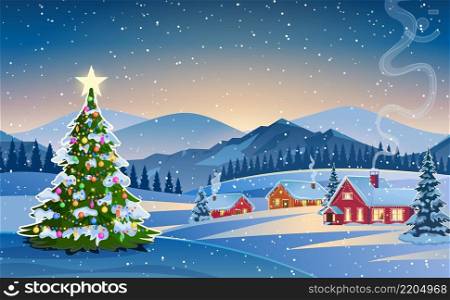 Winter snow landscape and houses with christmas tree. concept for greeting or postal card. Winter snow landscape and houses with snowflakes falling from sky. vector illustration.. Winter snow landscape and houses