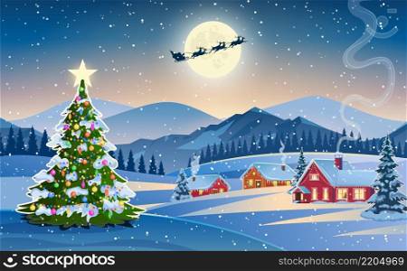 Winter snow landscape and houses with christmas tree. concept for greeting or postal card. background with moon and the silhouette of Santa Claus flying on a sleigh. vector illustration.. Winter snow landscape and houses