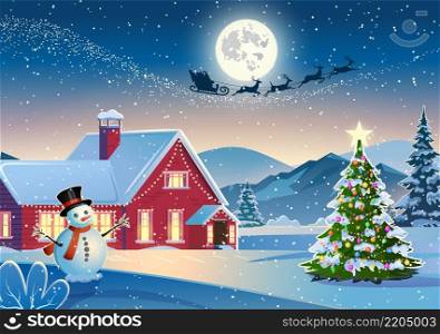 Winter snow landscape and houses with snowflakes falling from sky. Winter leisure, Christmas vacation, snowy hills, tree and fields. Santa Claus with deers in sky. Vector illustration. Winter snow landscape and house