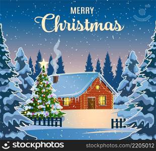 Winter snow landscape and houses with snowflakes falling from sky. Winter leisure, Christmas vacation, snowy hills, tree and fields. Santa Claus with deers in sky. Vector illustration. Winter snow landscape and house