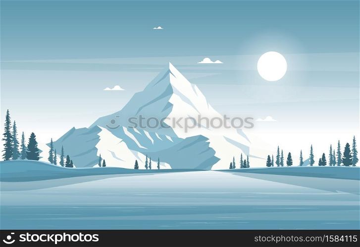Winter Snow Pine Mountain Calm Nature Landscape Illustration