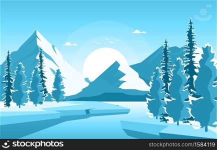 Winter Snow Pine Mountain Frozen Lake Nature Landscape Illustration