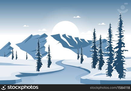 Winter Snow Pine Mountain Frozen River Nature Landscape Illustration