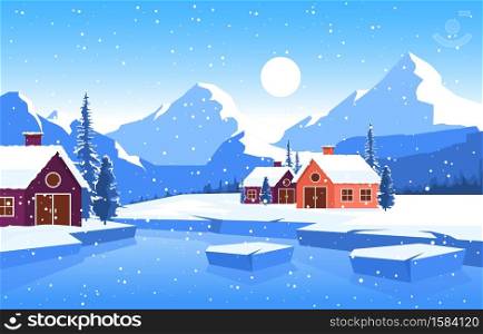 Winter Snow Pine Mountain House Lake Nature Landscape Illustration