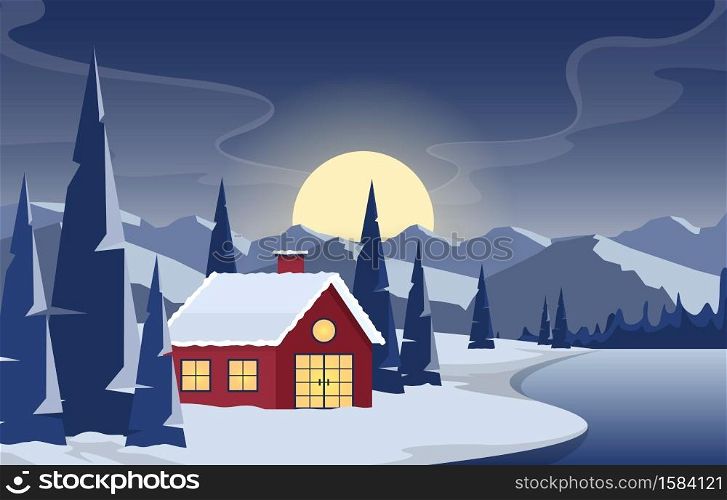 Winter Snow Pine Mountain House Lake Nature Landscape Illustration
